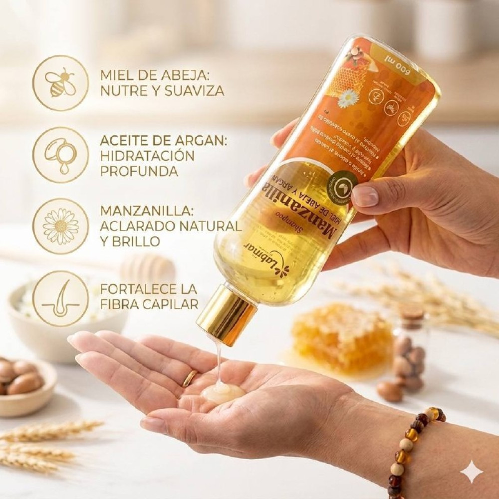 SHAMPOO DE MANZANILLA, MIEL DE ABEJA Y ARGAN ENVASE.
