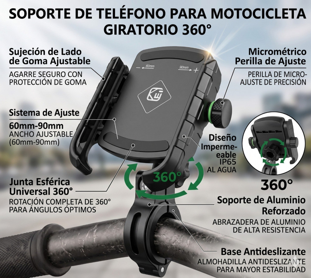 Soporte de teléfono de motocicleta giratorio 360°