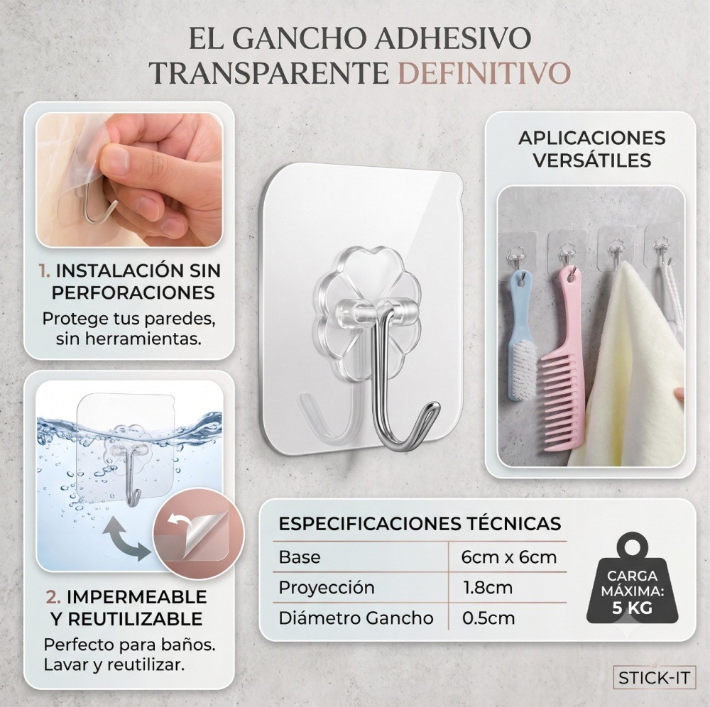 Gancho de pared adhesivo transparente